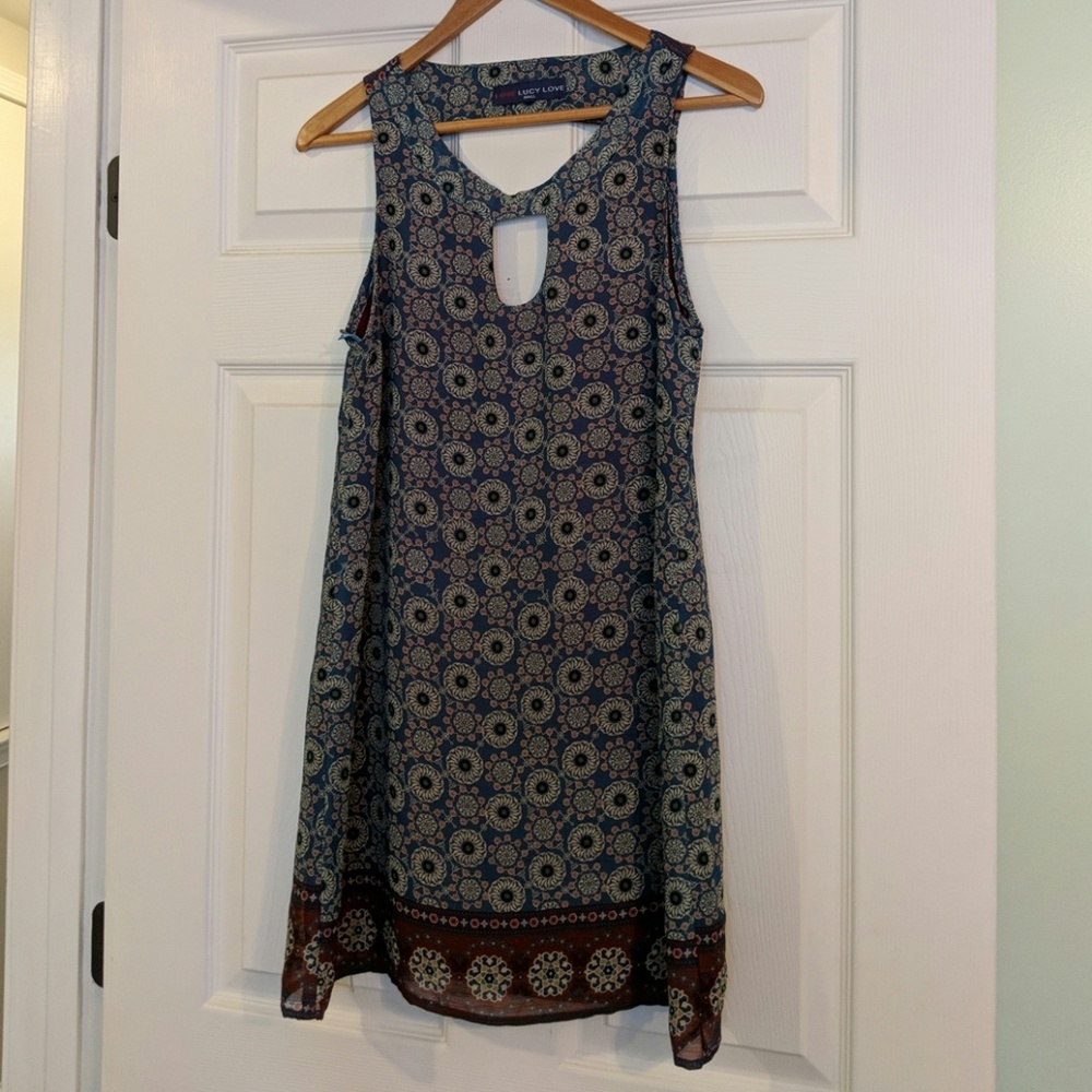 Blue and burgundy a-line dress with cutout detail